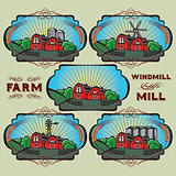 set of farm, mill, windmill, rural landscape