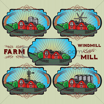 set of farm, mill, windmill, rural landscape