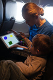 Young mother and son traveling on an aeroplane