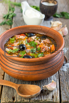 Traditional Russian soup made from several types of meat. Solyan