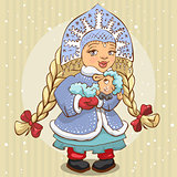 Snow Maiden in blue fur coat holds a lamb