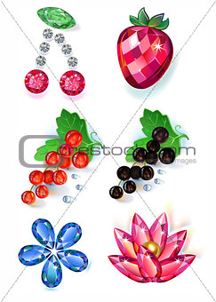 Fruit flowers colored gems brooches set