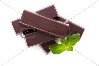 Chocolate bar with mint isolated over white.