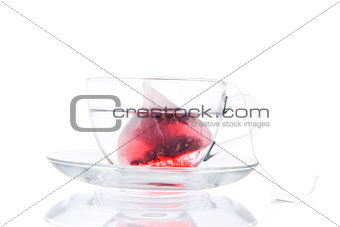 Tea Bag In The Transparent Cup With Hot Water.