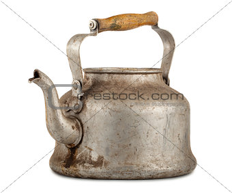 Old aluminum kettle with wooden handle