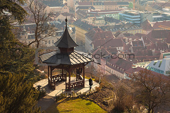 View of gazebo on Schlossberg hill on top of Graz city