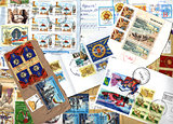 Background of postage stamps. Scraps
