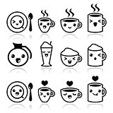 Cute coffee, cappuccino and espresso Kawaii black icon set