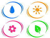 round icons with water drop, sun, flower and green leaf