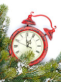 Christmas background with clock, snow fir tree
