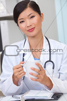 Chinese Female Woman Doctor Drinking Coffee or Tea