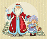 Russian Santa Claus. Grandfather Frost and Snow Maiden. Christmas card