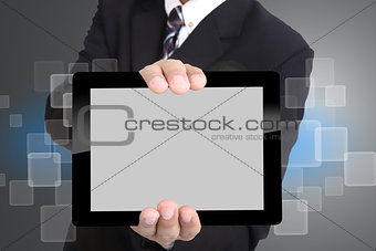 Businessman used hand for hold touch pad 
