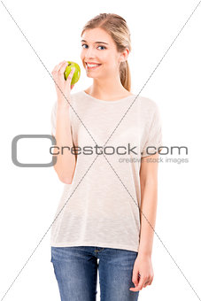 Beautiful woman with a green apple