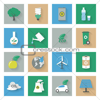 Ecology flat icons set with shadows