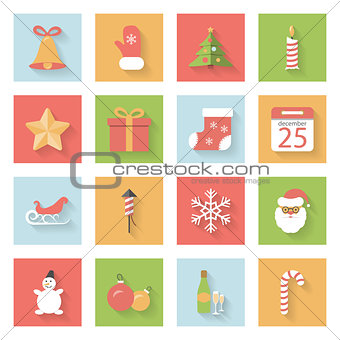 Christmas and New Year flat icons set with shadows