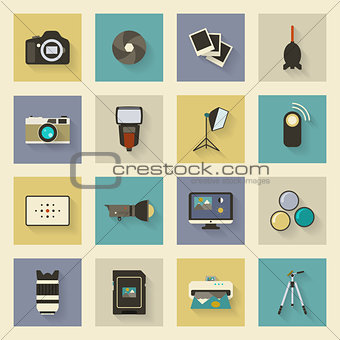 Photo equipment flat icons set with shadows