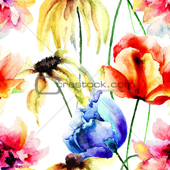 Watercolor illustration with wild flowers
