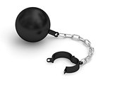 Black prison shackle with chain on white background