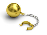 Golden prison shackle with chain on white background