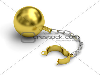 Golden prison shackle with chain on white background
