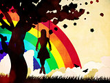Grunge girl on swing and rainbow