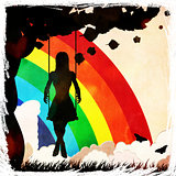 Grunge girl on swing and rainbow