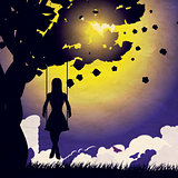Grunge girl on swing silhouette at night