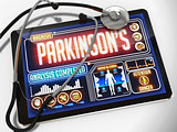 Parkinson's Diagnosis on the Display of Medical Tablet.