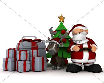 santa and reindeer by christmas tree