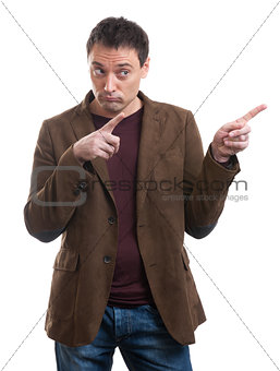 man pointing with bouth hands to the copy space