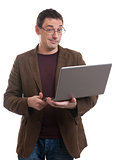 man with laptop smirking