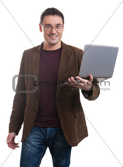 Happy man holding laptop