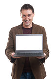 Smiling man presenting his laptop screen