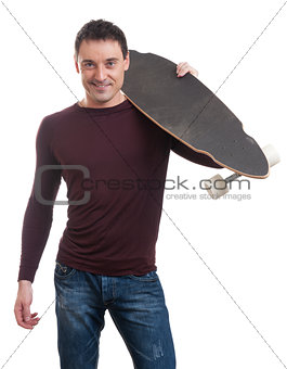 Man holding longboard in his hand