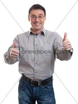 young casual man going thumb up