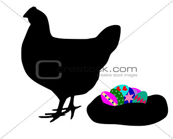 Hen with easter eggs