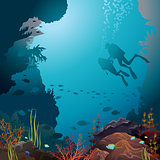Scuba vivers and coral reef. Underwater vector.