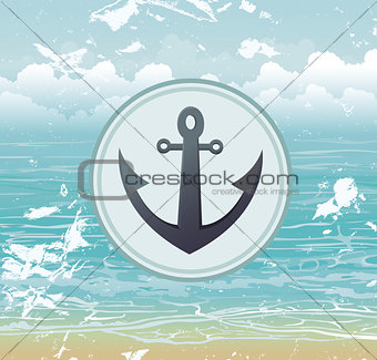 Label of anchor and sea. Ocean vector.
