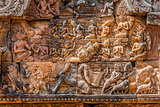 lintel carving Ravana god Banteay Srei hindu pink temple Cambodi