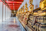aligned golden buddha statues Wat Pho temple bangkok Thailand