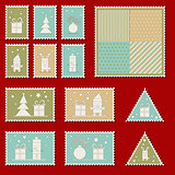 Large set of colorful Christmas postage stamps. Vintage New Year decoration elements.
