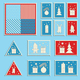 Large set of colorful Christmas postage stamps. Vintage New Year decoration elements.