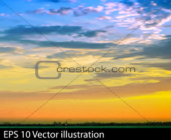 abstract nature background with sunrise and silhouette of city