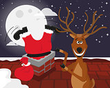 Funny reindeer with Santa on the roof