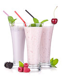 Blackberry, raspberry and cherry milk smoothie with mint