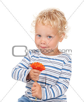 White curly hair and blue eyes baby with flower