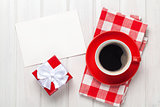 Valentines day greeting card, gift box and coffee cup