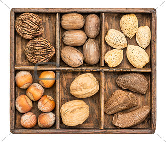 nuts in rustic wooden box