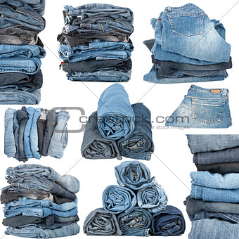 Set of various stacked jeans